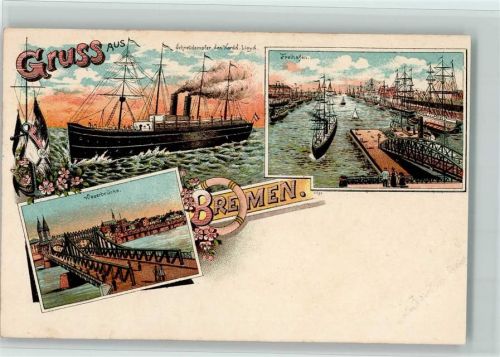 Bremen Gruss aus - Dampfer der Nordd. Lloyd, Freihafen, Weserbrücke AK