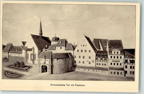 Leipzig Internat. Baufachausstellung 1913 Leipzig um 1800 Architekt Fritz Drechsler Grimmaisches Tor mit Paulinum Off. Postkarte Nr 16