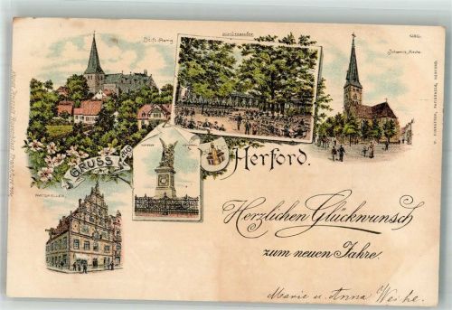 Herford 1899 Stift-Berg Ratskeller Kriegerdenkmal Schützenhof Johannis-Kirche Neujahreskarte