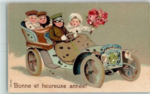 Neujahr Bonne Annee Kind AK Glückwunsch Auto 1907 Lithographie / Prägedruck