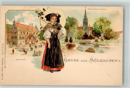 Mulhausen Tracht Genoveva Kirche Rathaus Marktszene