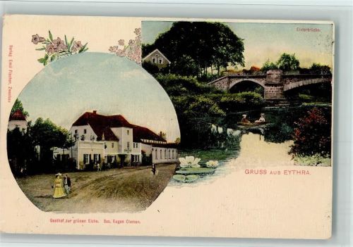 Zwenkau 1912 Eythra - Gasthof zur grünen Eiche, Elsterbrücke u. Ruderboot AK Seerosen