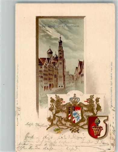 Augsburg 1901 Passepartout Carolinenstrasse Perlachturm Wappen