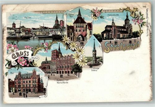 Stralsund Marienkirche Nicolaikirche Rathaus Post Hafen Küther-Tor