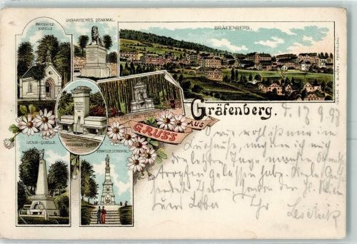 Lazne Jesenik 1897 Priesnitz-Kapelle Ungar. Denkmal König Carol-Quelle Preussen-Quelle Genie-Quelle Böhm. Denkmal Lithographie