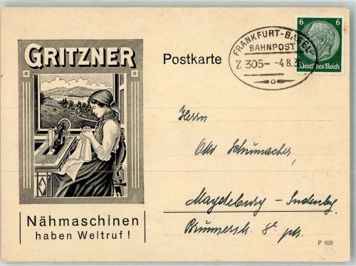 Durlach Gritzner Werbung Bahnpost Frankfurt-Basel Zug 305 am 4.8.36