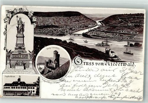65385 W6220 Niederwald , Jagdschloß 1894 Lithographie Vorläufer Druck 1890-1895 Bahnpost Köln- Frankfurt Niederwalddenkmal Jagdschloss Burg Ehrenfels