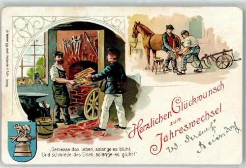 Gruss aus Hufschmied Postbote Zeitschrift: "Der Deutsche Schmiedemeister " Neujahr Sprichwort Spruch Schmied 1909 Lithographie