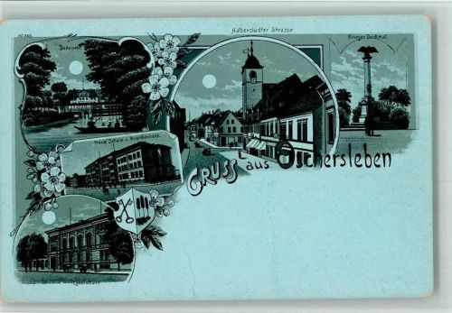 Oschersleben 1898 Nr. 969 Gruss aus - Kriegerdenkmal, Schule, Krankenhaus, Strasse bei der Kirche