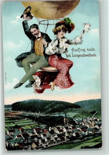 Bad Schwalbach Fliegende Menschen im Ballon über der Stadt AK Langenschwalbach