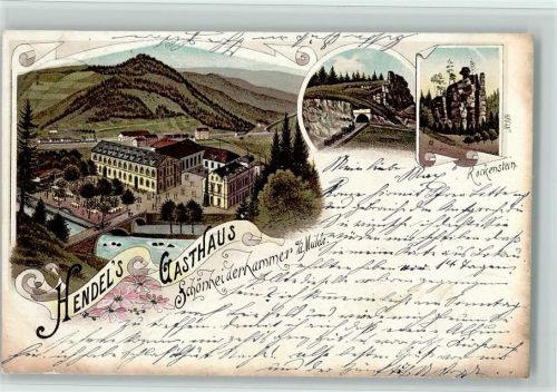 Schönheide Gruss aus - Schönheiderhammer, Hendels Gasthaus, Eisenbahn am Tunnel, Steinformationen, AK