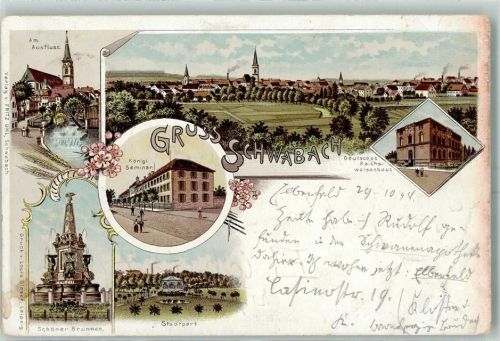 Schwabach 1898 Am Ausfluss Königl. Seminar Schöner Brunnen Stadtpark Deutsches Reichswaisenhaus Lithographie