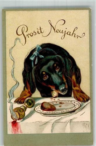 1913 Neujahr Hund frißt vom Teller