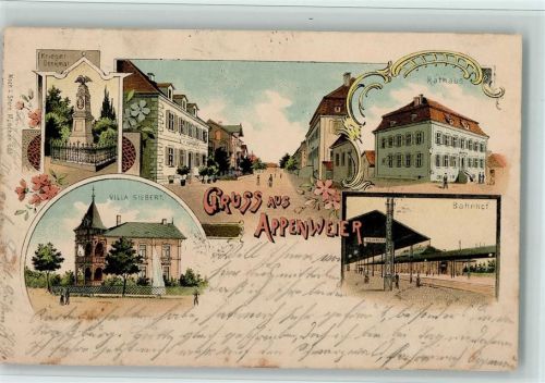 Appenweier 1898 Gruss aus - Bahnhof, Villa Siebert, Kriegerdenkmal, Rathaus AK