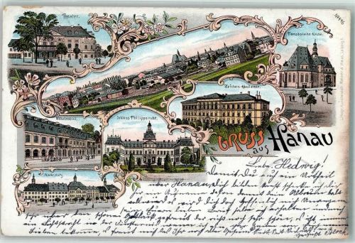 Hanau 1899 Theater Wilhelmsbad Marktplatz Schloss Philippsruhe Zeichen-Akademie Französische Kirche