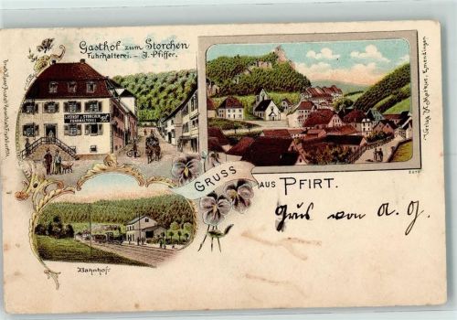 Ferrette Gasthof Zum Storchen Fuhrhalterei Bahnhof Lithographie