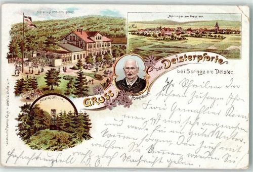 Springe 1897 Hotel-Pensions-Haus Aussichtsturm Portrait Onkel Bauer Lithographie