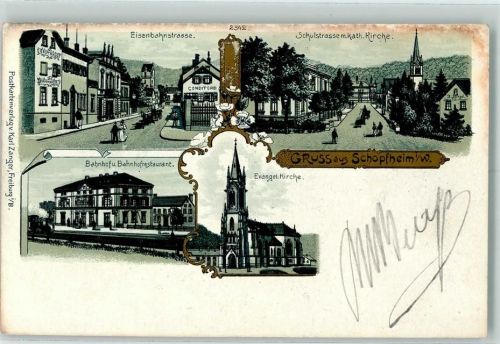 Schopfheim Eisenbahnstraße Schulstraße mit Kath. Kirche Bahnhof Bahnhofrestaurant Ev. Kirche