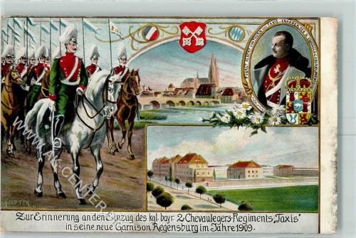 Regensburg 1909 Künstlerkarte 2. Chevaulegers Regiments "Taxis" Wappen