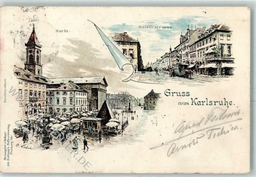 Karlsruhe 1898 Gruss aus Elchlepp Verlag Pferdestraßenbahn