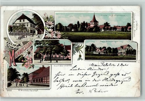 Mandelsloh 1900 Gruss aus - Litho, Wiebes Gasthof, 2 Eckknicke