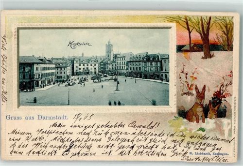 Darmstadt 1903 Marktplatz Hase Winter Schnee