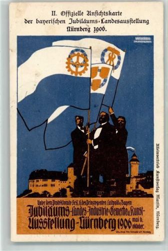 Nürnberg II. Offizielle Postkarte der bayerischen Jubilums-Landesausstellung 1906 Fahnen