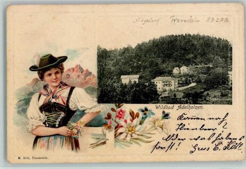 Bad Adelholzen 1902 Lithographie / Prägedruck Frau Tracht