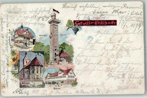Fellbach 1899 Rathaus Kernenturm Kirche Schule sign K. Fuchs