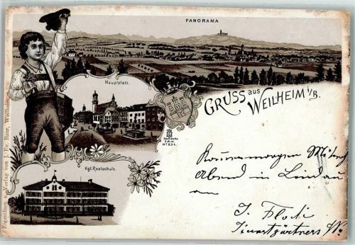 Weilheim 1897 Hauptplatz Wanderer Kgl. Realschule Lithographie