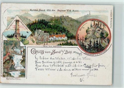 Sand 1898 Gruss aus - Aussichtsturm Friedrichsturm, Wasserfall,