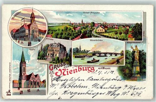 Nienburg 1902 Rathaus Schloß St. Martins-Kirche Weserbrücke Kriegerdenkmal