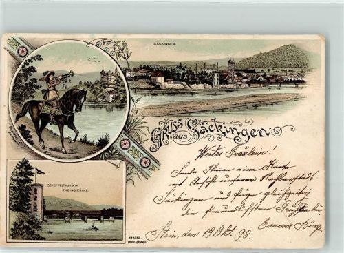 Bad Säckingen 1898 Trompeter v. Säckingen Scheffelturm Rheinbrücke Lithographie