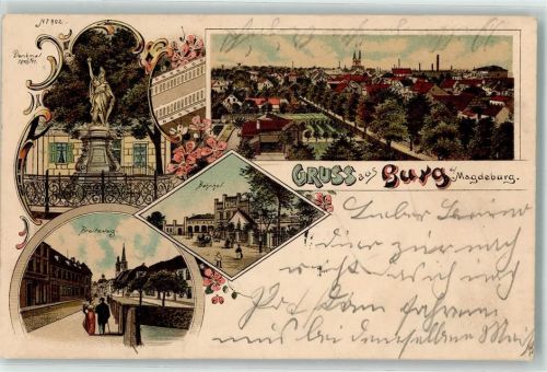 Burg 1900 Denkmal Breiteweg Bahnhof Fabrik Kirche Blumen Kutsche Gruss