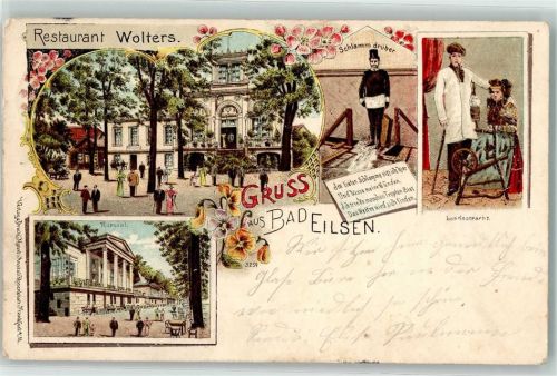 Bad Eilsen 1905 Gasthaus Wolters Schlamm Drüber Tracht Spinnrad Kursaaö Blumen Gruss Lithographie