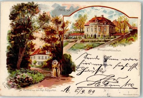 Ansbach 1899 Prizenschlösschen Kgl Hofgarten sign K. Zinn