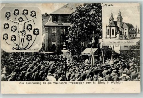Walldürn 1914 Bahnpost Seckach Miltenberg Zug 13 21.6.14 Wallfahrtskirche Wallfahrts-Prozession zum hl. Blut