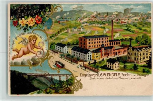 Solingen Stahlwarenfabrik Engelswerke Engel Straßenbahn Kaiser Wilhelmbrücke Lithographie