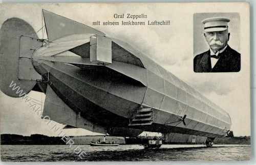 1908 Graf Zeppelin mit seinem lenkbaren Luftschiff AK