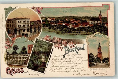 Buckow 1902 Hotel Zum Kronprinz Rosenparterre Silberkehle Marktplatz-Kirche Lithographie