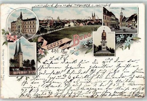 Burg 1899 Rathaus Denkmal Marktplatz Unterkirche Fabrik Kutsche Fahne Blumen Gruss Bahnpost Berlin Zug Nr. 400