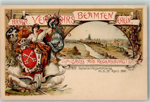 Regensburg Bayer. Verkehrs-Beamten-Verein XIV. Generalversammlung 20. -22. April 1901 Lithographie