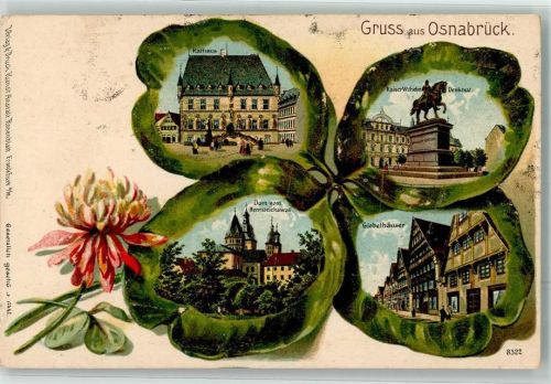Osnabrück Prägedruck Blumenblatt Rathaus Kaiser Wilhelm-Denkmal Dom Giebelhäuser Litho
