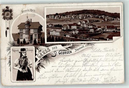 St. Georgen 1894 Vorläufer Volkstracht Gewerbe-Halle Schwarzwälder Wanduhr Lithographie