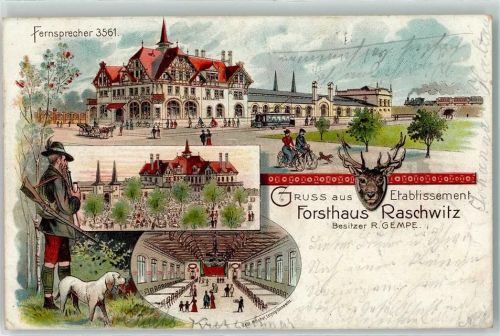 Raschwitz 1900 Gasthaus Forsthaus Raschwitz Speisesaal Jäger Jagdhund Hirschgeweih