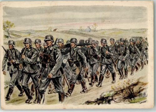 1942 Infantrie im Vormarsch Künstlerkarte Verlag Propaganda Stuttgart Feldpost Inf. Ers. Batl. 199
