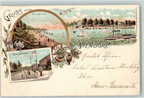Niendorf 1898 Strand Strandstraße Raddampfer Segelboot Fahne Schwarz-Weiß-Rot Vögel Blumen Gruss