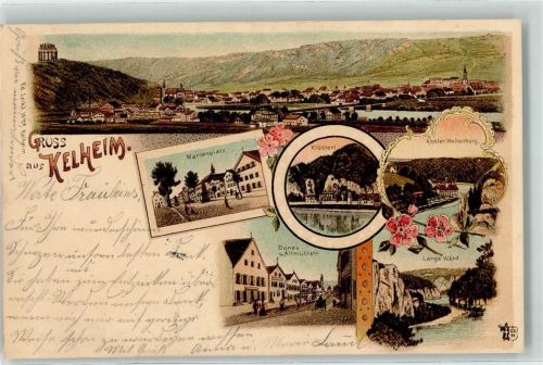 Kelheim 1898 Marienplatz Klösterl Kloster Weltenburg Donau- u. Altmühlstraße Lange Wand Ottmar Zieher Lithographie