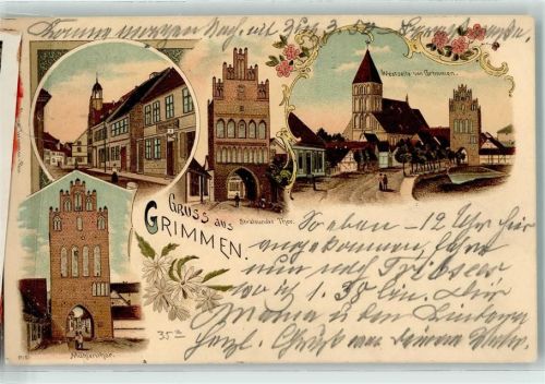 Grimmen 1899 Bahnpost Berlin Stralsund Nordb. Zug 204 2.8.99 Stralsunder Tor Mühlentor Lithographie