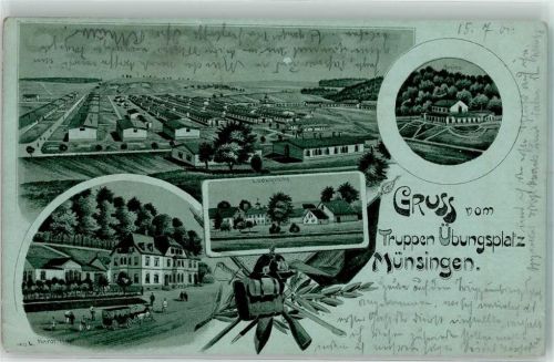 Münsingen 1901 Truppenübungsplatz Hardt Hotel Kutsche Ludwigshöhe Casino Lithographie/Mondschein